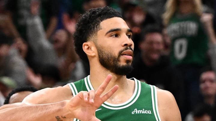 Apr 21, 2026; Boston, Massachusetts, USA; Boston Celtics forward Jayson Tatum (0) reacts after making a three-point basket against the Philadelphia 76ers in the second half of a game two of the first round of the 2026 NBA Playoffs at TD Garden. Mandatory Credit: Brian Fluharty-Imagn Images