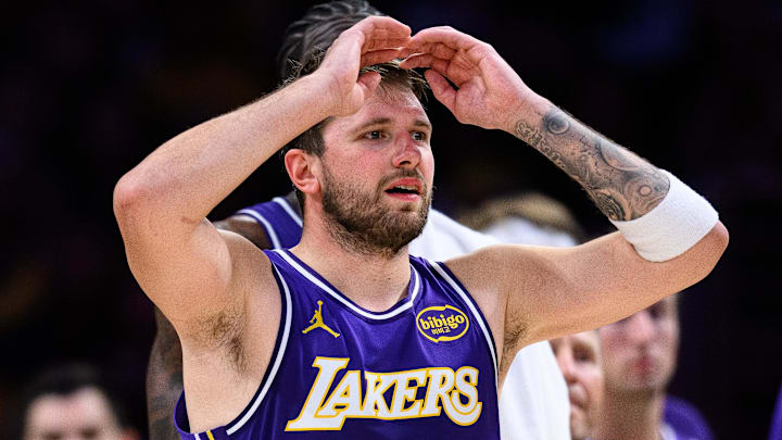 Mar 27, 2026; Los Angeles, California, USA; Los Angeles Lakers guard Luka Doncic (77) reacts during the second half against the Brooklyn Nets at Crypto.com Arena. Mandatory Credit: William Liang-Imagn Images