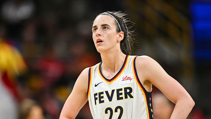 May 4, 2025; Iowa City, IA, USA; Indiana Fever guard Caitlin Clark (22) in action against the Brazil National Team at Carver-Haweye Arena. Mandatory Credit: Jeffrey Becker-Imagn Images