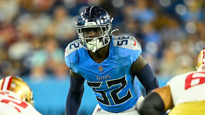 Aug 10, 2024; Nashville, Tennessee, USA; Tennessee Titans linebacker James Williams (52) against the San Francisco 49ers during the second half at Nissan Stadium. Mandatory Credit: Steve Roberts-Imagn Images Aug 10, 2024; Nashville, Tennessee, USA; Tennessee Titans linebacker James Williams (52) against the San Francisco 49ers during the second half at Nissan Stadium. Mandatory Credit: Steve Roberts-Imagn Images