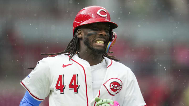 May 4, 2025; Cincinnati, Ohio, USA; Cincinnati Reds shortstop Elly De La Cruz (44) reacts to hitting a two-run home run against the Washington Nationals in the fifth inning inning at Great American Ball Park. The home run was called a foul after an official review. Mandatory Credit: Aaron Doster-Imagn Images May 4, 2025; Cincinnati, Ohio, USA; Cincinnati Reds shortstop Elly De La Cruz (44) reacts to hitting a two-run home run against the Washington Nationals in the fifth inning inning at Great American Ball Park. The home run was called a foul after an official review. Mandatory Credit: Aaron Doster-Imagn Images
