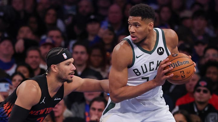Milwaukee Bucks forward Giannis Antetokounmpo is guarded by New York Knicks guard Josh Hart. Milwaukee Bucks forward Giannis Antetokounmpo is guarded by New York Knicks guard Josh Hart.
