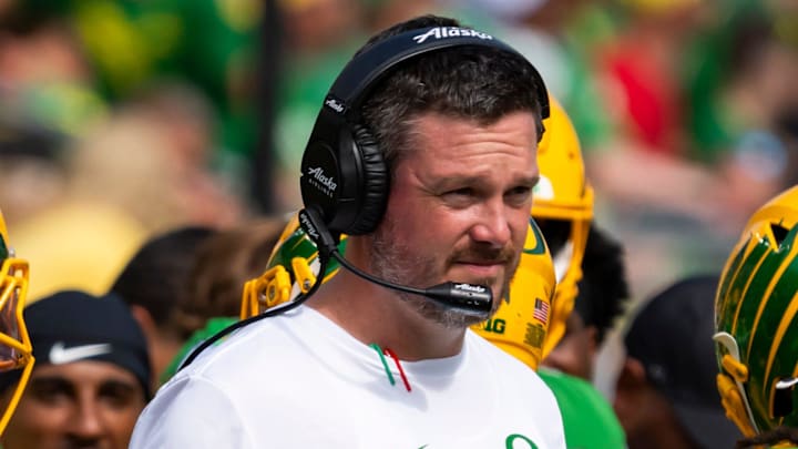 Oregon head coach Dan Lanning looks on as the Oregon Ducks host the Montana State Bobcats on Aug. 30, 2025, at Autzen Stadium in Eugene, Oregon.