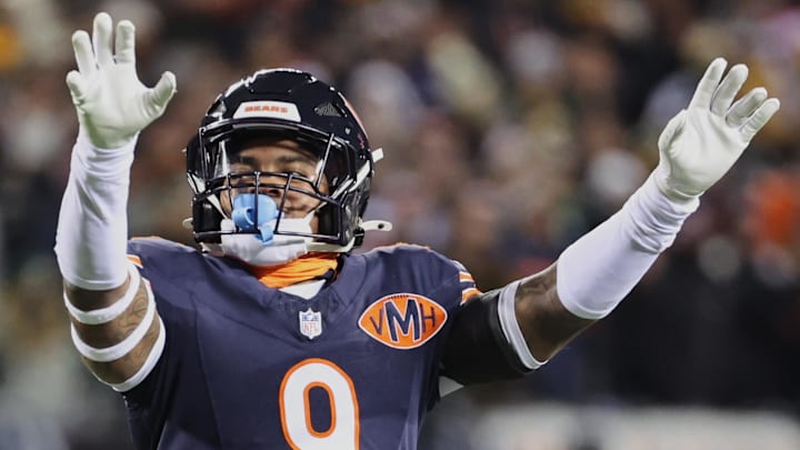 Dec 20, 2025; Chicago, Illinois, USA; Chicago Bears safety Jaquan Brisker (9) reacts against the Green Bay Packers during the first quarter at Soldier Field. Mandatory Credit: Mike Dinovo-Imagn Images