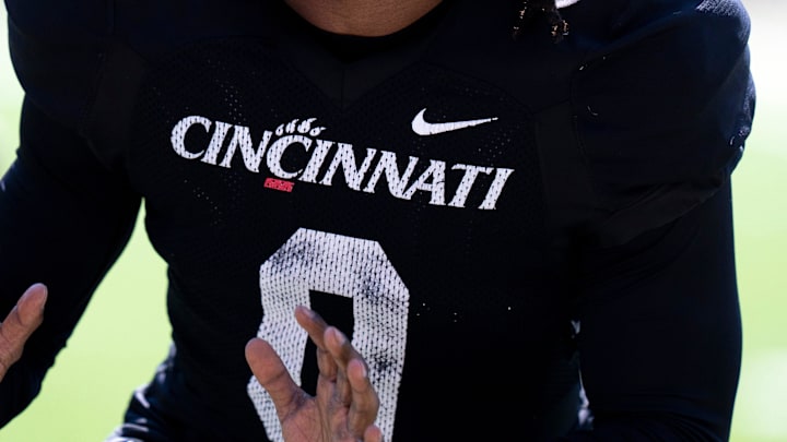Cincinnati Bearcats defensive back Matthew McDoom (0) runs a drill during the Cincinnati Bearcats football spring practice at Nippert Stadium on Saturday, April 12, 2025. Cincinnati Bearcats defensive back Matthew McDoom (0) runs a drill during the Cincinnati Bearcats football spring practice at Nippert Stadium on Saturday, April 12, 2025.