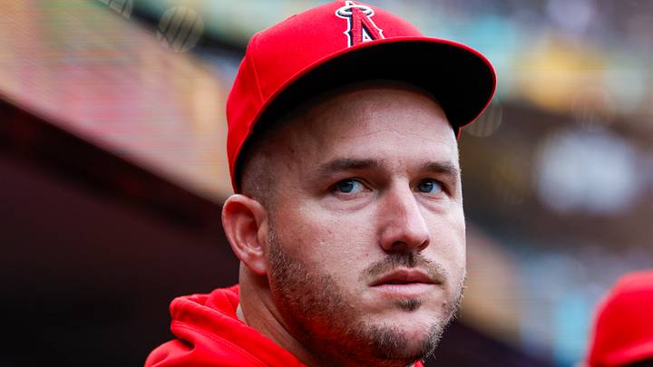 Jun 29, 2026; Seattle, Washington, USA; Los Angeles Angels outfielder Mike Trout stands in the dugout before the first inning of a game against the Seattle Mariners at T-Mobile Park. Mandatory Credit: Joe Nicholson-Imagn Images