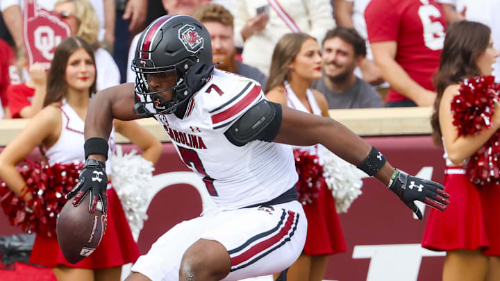 Oct 19, 2024; Norman, Oklahoma, USA;  South Carolina Gamecocks defensive back Nick Emmanwori (7) reacts after returning an interception for a touchdown during the first half against the Oklahoma Sooners at Gaylord Family-Oklahoma Memorial Stadium.