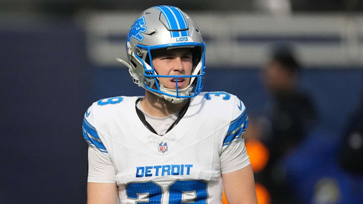 Detroit Lions place kicker Jake Bates (39) is seen during warmups prior to the game against the Los Angeles Rams Detroit Lions place kicker Jake Bates (39) is seen during warmups prior to the game against the Los Angeles Rams
