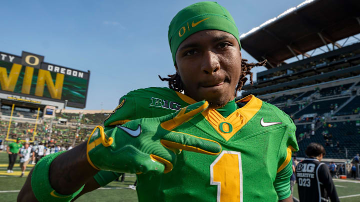 Oregon wide receiver Dakorien Moore celebrates the Ducks’ win as the Oregon Ducks host the Oklahoma State Cowboys on Sept. 6, 2025, at Autzen Stadium in Eugene, Oregon.