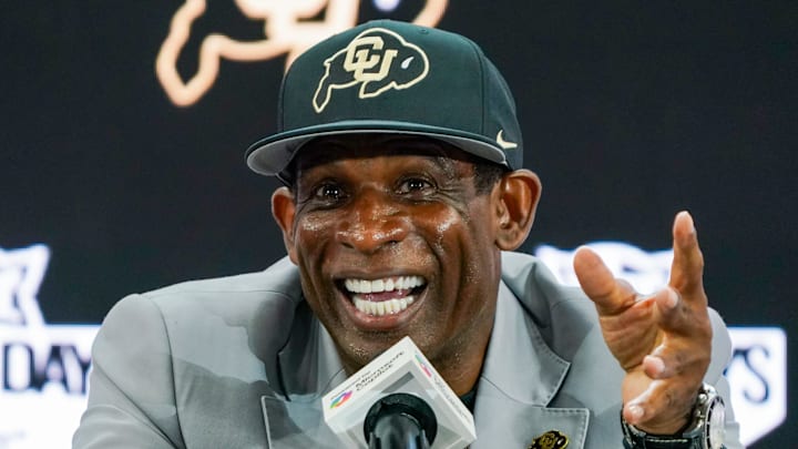 Jul 9, 2025; Frisco, TX, USA; Colorado head coach Deion Sanders speaks with the media during 2025 Big 12 Football Media Days at The Star. Mandatory Credit: Raymond Carlin III-Imagn Images