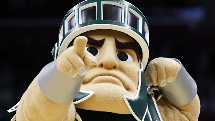 Mar 23, 2025; Cleveland, OH, USA; Michigan State Spartans mascot “Sparty” performs in the first half against the New Mexico Lobos during the NCAA Tournament Second Round at Rocket Arena.
