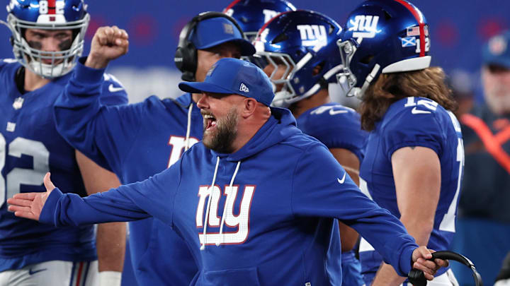 Sep 21, 2025; East Rutherford, New Jersey, USA; New York Giants head coach Brian Daboll reacts in the second quarter against the Kansas City Chiefs at MetLife Stadium.  