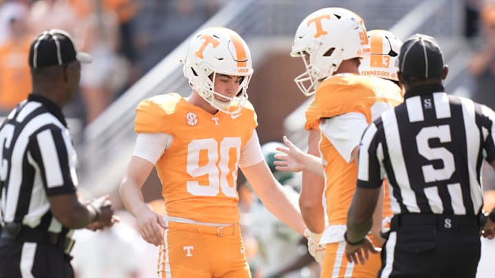 Tennessee place kicker Max Gilbert (90) celebrates after a successful extra point during a college football game between Tennessee and UAB at Neyland Stadium in Knoxville, Tenn., on Sept. 20, 2025. Tennessee defeated UAB.