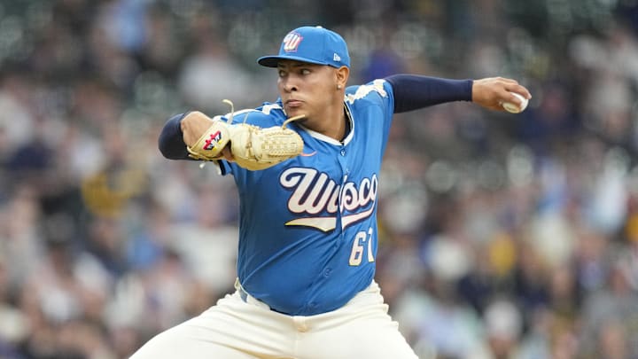 Apr 12, 2026; Milwaukee, Wisconsin, USA;  Milwaukee Brewers pitcher Angel Zerpa (61) throws a pitch during the seventh inning against the Washington Nationals at American Family Field. Mandatory Credit: Jeff Hanisch-Imagn Images