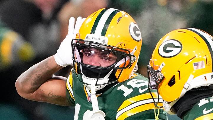 Packers receiver/cornerback Bo Melton celebrates his touchdown catch against the Bears last season.