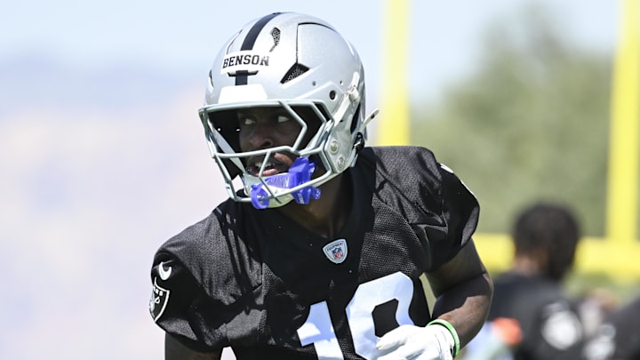 May 2, 2026; Henderson, NV, USA; Las Vegas Raiders wide receiver Malik Benson (19) runs through a drill during a Rookie Minicamp at Intermountain Health Performance Center. Mandatory Credit: Candice Ward-Imagn Images