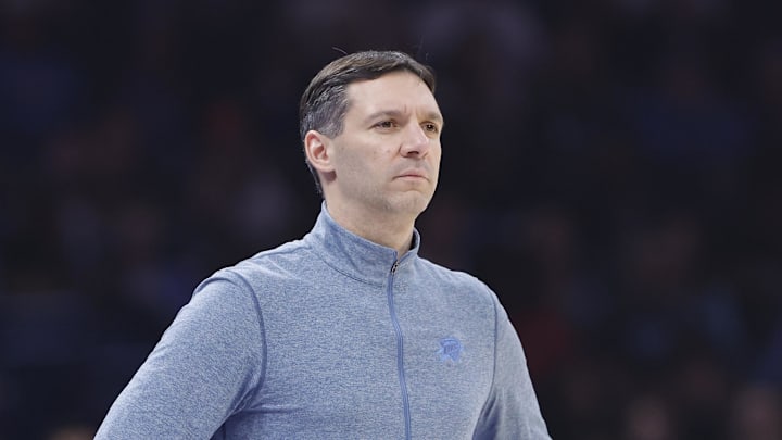 Jan 5, 2026; Oklahoma City, Oklahoma, USA; Oklahoma City Thunder head coach Mark Daigneault watches his team play against the Charlotte Hornets during the second quarter at Paycom Center. Mandatory Credit: Alonzo Adams-Imagn Images