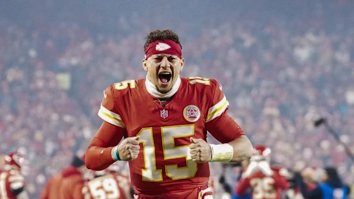Dec 7, 2025; Kansas City, Missouri, USA; Kansas City Chiefs quarterback Patrick Mahomes (15) yells prior to the game against the Houston Texans at GEHA Field at Arrowhead Stadium. Mandatory Credit: Denny Medley-Imagn Images