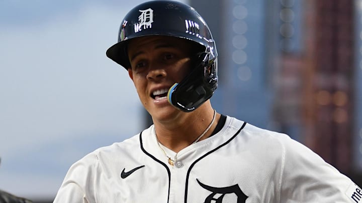 Former Detroit Tigers third baseman Gio Urshela (13) celebrates after hitting a home run against the Seattle Mariners in the sixth inning at Comerica Park.