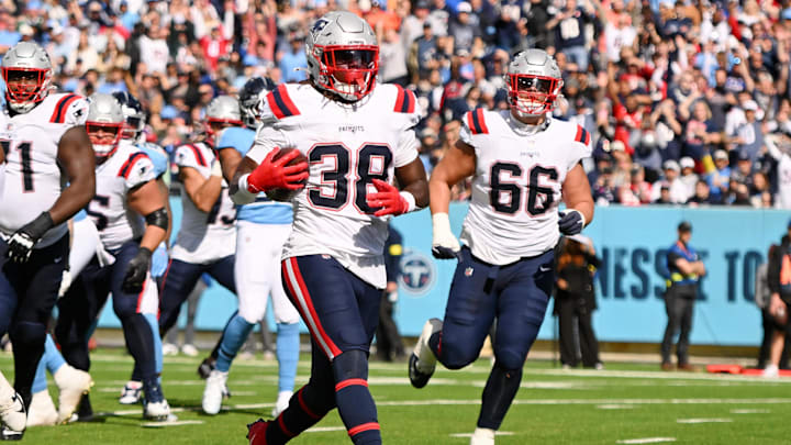 Oct 19, 2025; Nashville, Tennessee, USA; New England Patriots running back Rhamondre Stevenson (38) scores a touchdown against the Tennessee Titans during the second half at Nissan Stadium. Mandatory Credit: Steve Roberts-Imagn Images