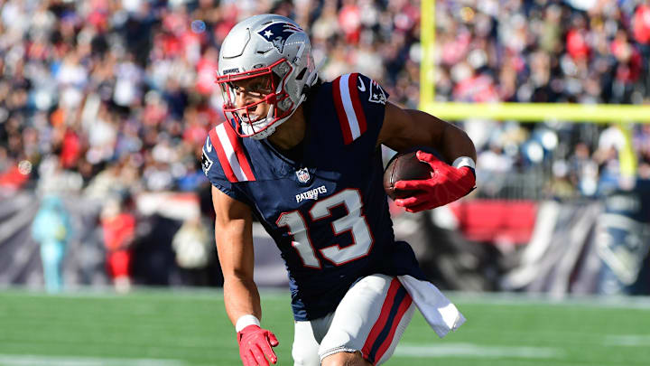 Oct 26, 2025; Foxborough, Massachusetts, USA;  New England Patriots wide receiver Mack Hollins (13) runs with the ball during the third quarter against the Cleveland Browns at Gillette Stadium. Mandatory Credit: Bob DeChiara-Imagn Images