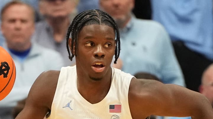 Feb 7, 2026; Chapel Hill, North Carolina, USA; North Carolina Tar Heels forward Caleb Wilson (8) with the ball in the second half at Dean E. Smith Center. Mandatory Credit: Bob Donnan-Imagn Images