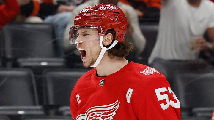 Mar 28, 2026; Detroit, Michigan, USA;  Detroit Red Wings defenseman Moritz Seider (53) celebrates after scoring in the second period against the Philadelphia Flyers at Little Caesars Arena. Mandatory Credit: Rick Osentoski-Imagn Images