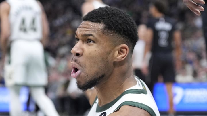 Milwaukee Bucks forward Giannis Antetokounmpo reacts after being fouled driving to the basket against the Brooklyn Nets. Milwaukee Bucks forward Giannis Antetokounmpo reacts after being fouled driving to the basket against the Brooklyn Nets.