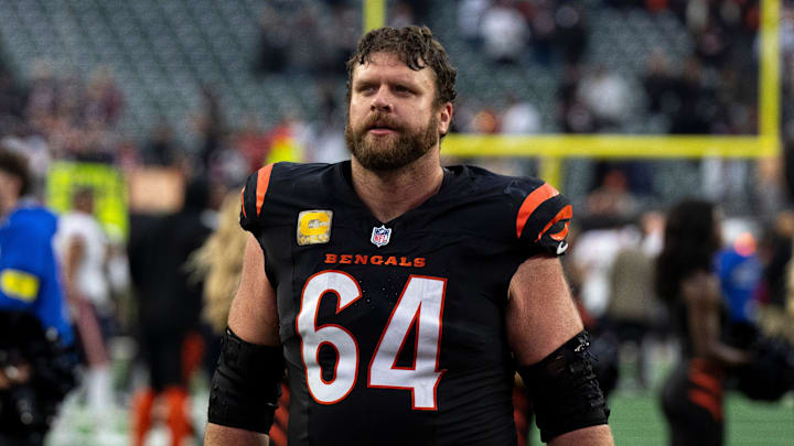 Cincinnati Bengals center Ted Karras (64) walks off the field after the NFL football game between Chicago Bears and Cincinnati Bengals at Paycor Stadium in Cincinnati on Nov. 2, 2025.