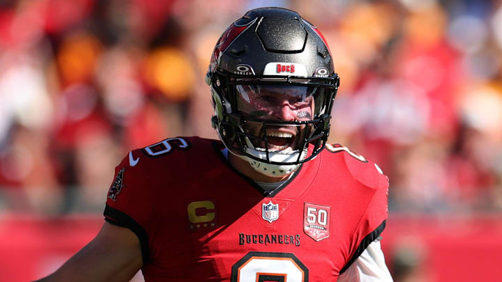 Nov 30, 2025; Tampa, Florida, USA; Tampa Bay Buccaneers quarterback Baker Mayfield (6) reacts after a play during the first half against the Arizona Cardinals at Raymond James Stadium. Mandatory Credit: Nathan Ray Seebeck-Imagn Images