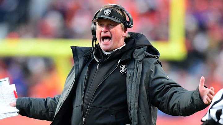 Former Raiders head coach Jon Gruden reacts. Former Raiders head coach Jon Gruden reacts.