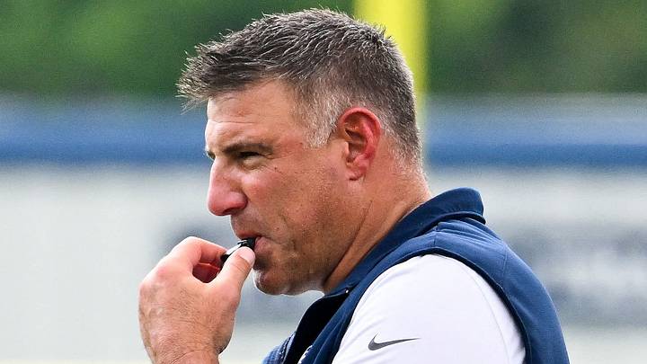 Jul 28, 2026; Foxborough, MA, USA; New England Patriots head coach Mike Vrabel blows his whistle during training camp at Gillette Stadium. Mandatory Credit: Eric Canha-Imagn Images