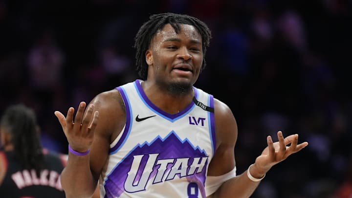 Mar 4, 2026; Philadelphia, Pennsylvania, USA; Utah Jazz guard Isaiah Collier (8) reacts against the Philadelphia 76ers in the fourth quarter at Xfinity Mobile Arena. Mandatory Credit: Kyle Ross-Imagn Images