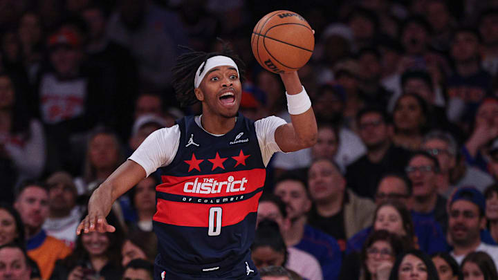 Mar 22, 2026; New York, New York, USA; Washington Wizards guard Bilal Coulibaly (0) secures the ball during the second half against the New York Knicks at Madison Square Garden. Mandatory Credit: Vincent Carchietta-Imagn Images
