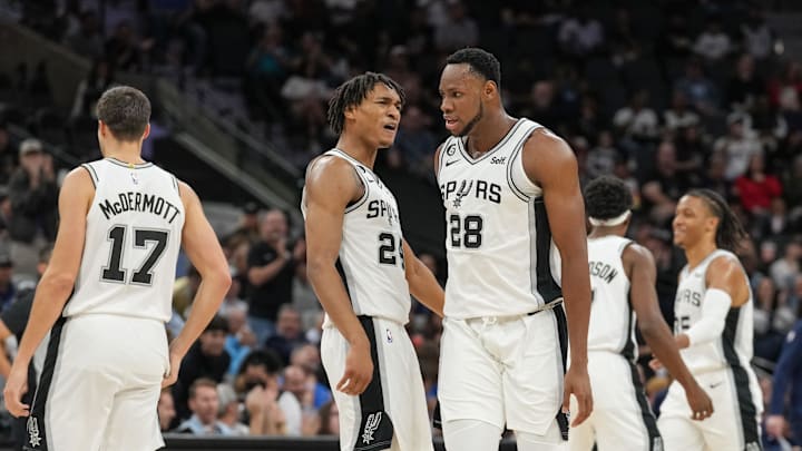 Nov 9, 2022; San Antonio, Texas, USA; San Antonio Spurs guard Devin Vassell (24) celebrates a play by San Antonio Spurs center Charles Bassey (28) in the first half against the Memphis Grizzlies at the AT&T Center. Mandatory Credit: Daniel Dunn-Imagn Images Nov 9, 2022; San Antonio, Texas, USA; San Antonio Spurs guard Devin Vassell (24) celebrates a play by San Antonio Spurs center Charles Bassey (28) in the first half against the Memphis Grizzlies at the AT&T Center. Mandatory Credit: Daniel Dunn-Imagn Images