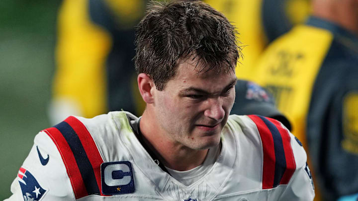 Feb 8, 2026; Santa Clara, CA, USA; New England Patriots quarterback Drake Maye (10) exits the field after the loss against the Seattle Seahawks in Super Bowl LX at Levi's Stadium.