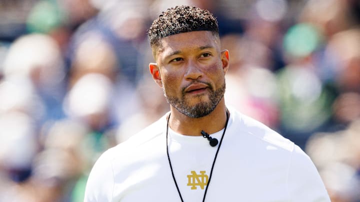 Notre Dame head coach Marcus Freeman during the Notre Dame Blue-Gold spring football game at Notre Dame Stadium on Saturday, April 12, 2025, in South Bend.