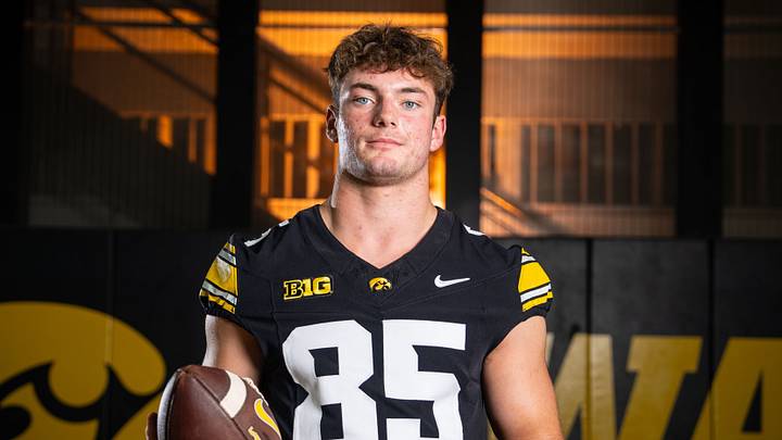 Iowa tight end Thomas Meyer (85) stands for a portrait during Hawkeye football media day, Friday, Aug. 14, 2026, in Iowa City. Iowa tight end Thomas Meyer (85) stands for a portrait during Hawkeye football media day, Friday, Aug. 14, 2026, in Iowa City.