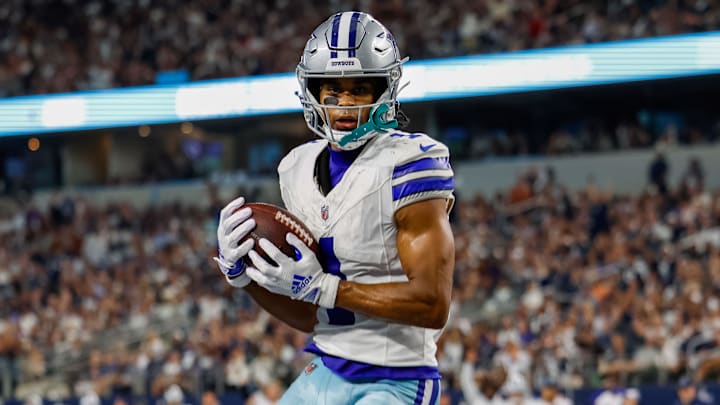 Sep 22, 2024; Arlington, Texas, USA; Dallas Cowboys wide receiver Jalen Tolbert (1) catches a touchdown pass during the fourth quarter against the Baltimore Ravens at AT&T Stadium. Mandatory Credit: Andrew Dieb-Imagn Images Sep 22, 2024; Arlington, Texas, USA; Dallas Cowboys wide receiver Jalen Tolbert (1) catches a touchdown pass during the fourth quarter against the Baltimore Ravens at AT&T Stadium. Mandatory Credit: Andrew Dieb-Imagn Images