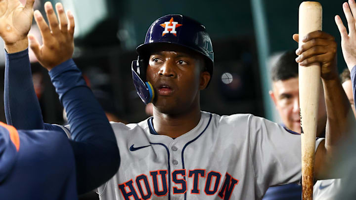 Sep 5, 2025; Arlington, Texas, USA;  Houston Astros left fielder Jesus Sanchez (4) celebrates with teammates after scoring during the second inning against the Texas Rangers at Globe Life Field. Mandatory Credit: Kevin Jairaj-Imagn Images