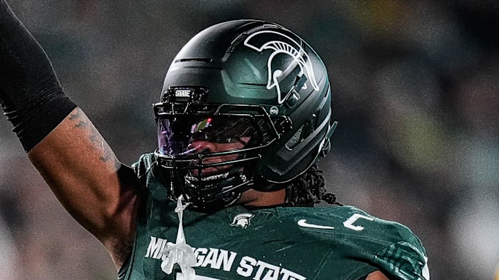 Michigan State linebacker Jordan Hall (5) celebrates a play against Michigan during the first half at Spartan Stadium in East Lansing on Saturday, October 25, 2025.