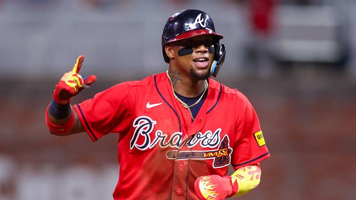 Aug 28, 2026; Atlanta, Georgia, USA; Atlanta Braves right fielder Ronald Acuna Jr. (13) reacts after a two-run home run by center fielder Michael Harris II (not pictured) against the Colorado Rockies in the fifth inning at Truist Park. Mandatory Credit: Brett Davis-Imagn Images