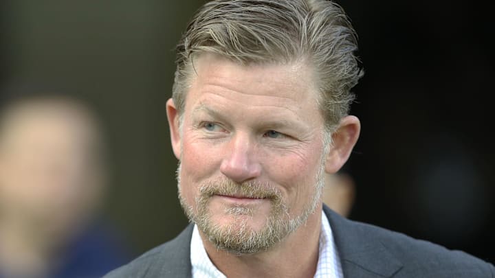 Nov 10, 2019; Pittsburgh, PA, USA;  Los Angeles Rams general manager Les Snead looks on before the Rams play the Pittsburgh Steelers at Heinz Field. Pittsburgh won 17-12. Mandatory Credit: Charles LeClaire-Imagn Images