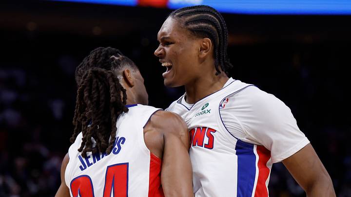 May 5, 2026; Detroit, Michigan, USA; Cleveland Cavaliers guard Tyrese Proctor (24) and guard Ausar Thompson (9) celebrates in the second half against the Cleveland Cavaliers during game one of the second round of the 2026 NBA Playoffs at Little Caesars Arena. Mandatory Credit: Rick Osentoski-Imagn Images May 5, 2026; Detroit, Michigan, USA; Cleveland Cavaliers guard Tyrese Proctor (24) and guard Ausar Thompson (9) celebrates in the second half against the Cleveland Cavaliers during game one of the second round of the 2026 NBA Playoffs at Little Caesars Arena. Mandatory Credit: Rick Osentoski-Imagn Images
