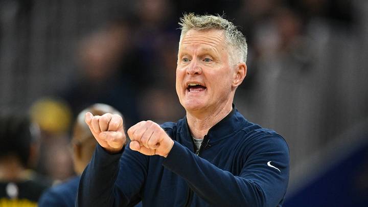 Feb 11, 2026; San Francisco, California, USA; Golden State Warriors head coach Steve Kerr reacts against the San Antonio Spurs in first quarter at Chase Center. Mandatory Credit: Eakin Howard-Imagn Images