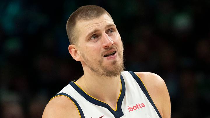 Apr 30, 2026; Minneapolis, Minnesota, USA; Denver Nuggets center Nikola Jokic (15) looks on against the Minnesota Timberwolves in the second half during game six of the first round of the 2026 NBA Playoffs at Target Center. Mandatory Credit: Jesse Johnson-Imagn Images