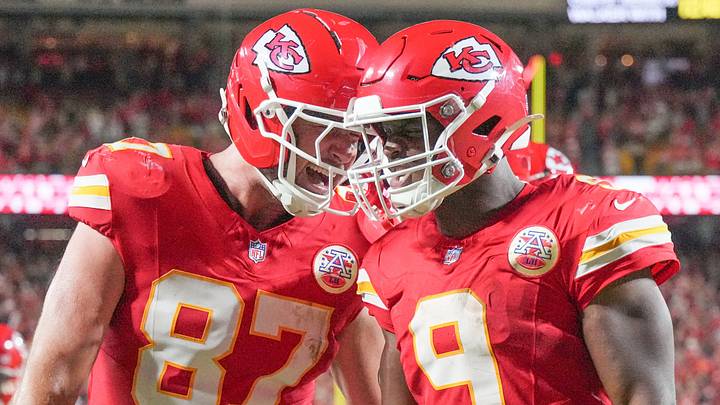 Sep 14, 2026; Kansas City, Missouri, USA; Kansas City Chiefs running back Kenneth Walker III (9) celebrates with tight end Travis Kelce (87) after scoring a touchdown against the Denver Broncos during the game at GEHA Field at Arrowhead Stadium. Mandatory Credit: Denny Medley-Imagn Images