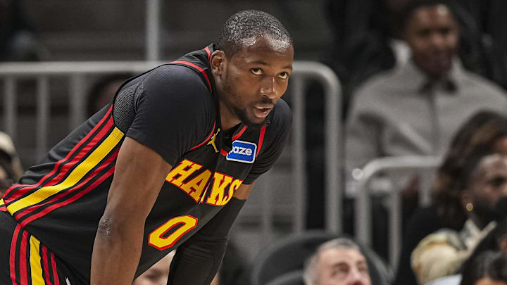 Atlanta Hawks forward Jonathan Kuminga (0) on the court (Mandatory Credit: Dale Zanine-Imagn Images) Atlanta Hawks forward Jonathan Kuminga (0) on the court (Mandatory Credit: Dale Zanine-Imagn Images)