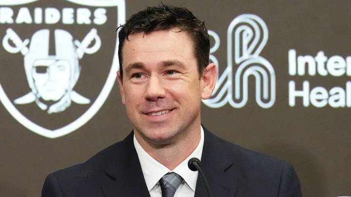  Las Vegas Raiders coach Klint Kubiak speaks at introductory press conference.