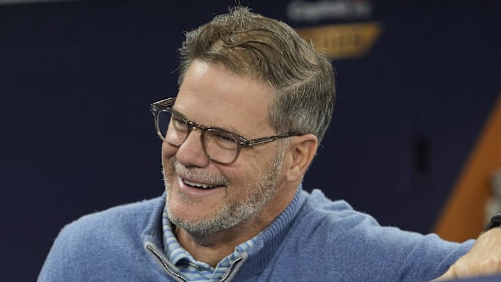 Oct 23, 2025; Toronto, ON, Canada; Toronto Blue Jays Executive Vice President, Baseball Operations and General Manager Ross Atkins talk during batting pratice on media day before game one of the World Series at Rogers Centre. 